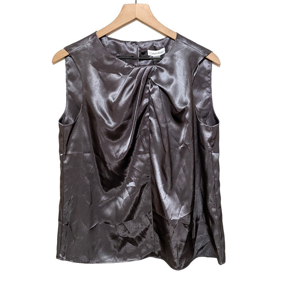 Calvin Klein Womens Satin Twisted Pleated Front Sleeveless Top Size M Silver NWT - Picture 1 of 6